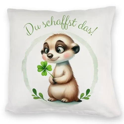 speecheese Erdmännchen mit Kleeblatt Kuschelkissen Du schaffst das Glücksbringer niedlich süßes pflanzenliebendes Tier mit Kleeblatt in der Hand grün 40x40 cm Polyester