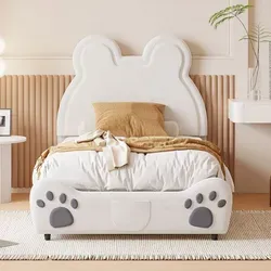 Flieks Polsterbett 90x200cm mit Bärenohrenmuster - Niedliches Kinderbett mit weichem Samtbezug und praktischem Stauraum, ideal für Kinder und Jugendliche, stabil und robust mit einer maximalen Belastbarkeit von 120kg.