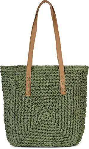 styleBREAKER Damen Papierstroh Schultertasche - Oliv - Damen-Shopper aus Papierstroh mit langen Kunstlederhenkeln, ideal als Strand- oder Einkaufstasche. Geräumiges Hauptfach mit Reißverschluss und praktisches Innenfach für Handy.