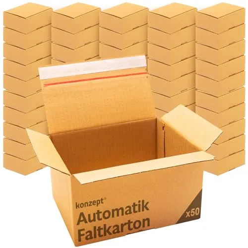 Konzept 11 - 50 Stück Selbstklebende Versandkartons 20x15x10cm - Praktische, selbstklebende Versandkartons aus stabiler 3-welliger Pappe. Ideal für Umzüge, Lagerung und Versand. Vielseitig einsetzbar und platzsparend – die perfekte Lösung für Ihre Verpackungsbedürfnisse.