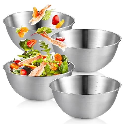 Edelstahl Schüssel, 4 Stück 1,2L Rührschüssel Edelstahl, Salatschüssel, Stapelbar, Geschirrspüler Sicher, Zum Backen, Servieren und Snacken.