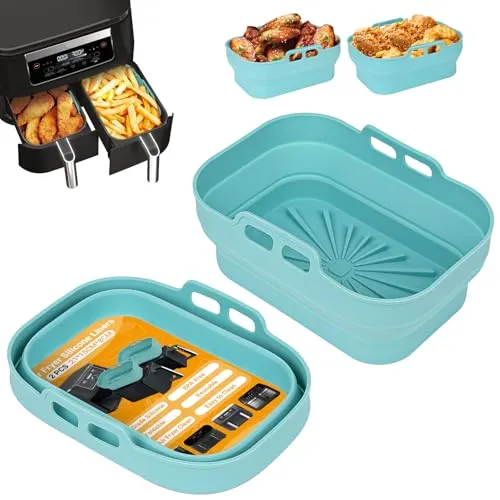 Alyvisun Silikonform für Heißluftfritteuse, 2 Stück Airfryer Silikon Basket Wiederverwendbar Dual Backform Air Fryer Silikonformen Rechteckig Einsatz Heissluftfritteuse Zubehör Mold (Blau)