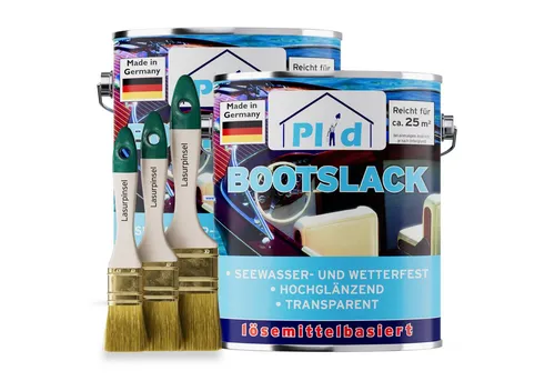 Bootslack 5L Farblos + Pinselset 3-tlg - Lacke für Holz mit schnelltrocknendem Klarlack, ideal für Schiffe und Möbel, für eine Fläche von ca. 50m².