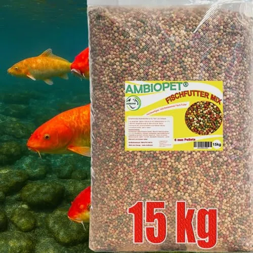 Ambiopet Koifutter, 4 Sorten Mix, schwimmende 6mm Pellets im 15kg Beutel zur ganzjährigen täglichen Fütterung mit Weizenkeimen, Paprika, Spirulina sowie Ölen