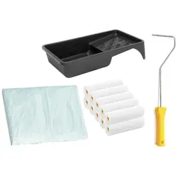 Lackier Set: 10 x Schaumwalzen 10 cm superfein gerade | 1 x Farbroller Bügel | 1 x Farbwanne | 1 x Abdeckfolie