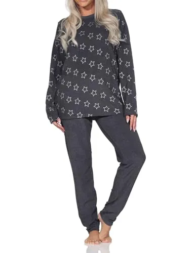 Normann Damen Frottee Schlafanzug Langarm Pyjama - Edle Sterne Optik, Übergröße verfügbar - Kuscheliger Damen Frottee Schlafanzug für kalte Nächte. Ideal auch als Homewear. Zeitloses Sterne-Design, erhältlich in Übergrößen. Hergestellt nach OEKOTEX STANDARD 100 für geprüfte Qualität.