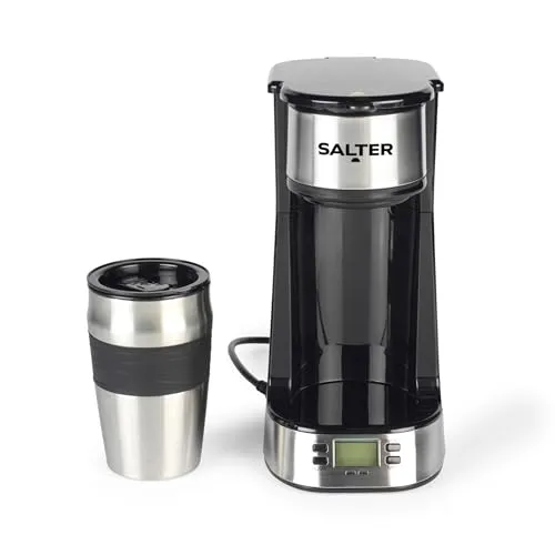 Salter Digitale Kaffeemaschine, Ein-Tassen-Filterkaffeemaschine, Waschbarer Filter, 420 ml Edelstahl-Reisebecher, 3-4 Minuten Brühzeit, Für Kaffeepulver & Pads