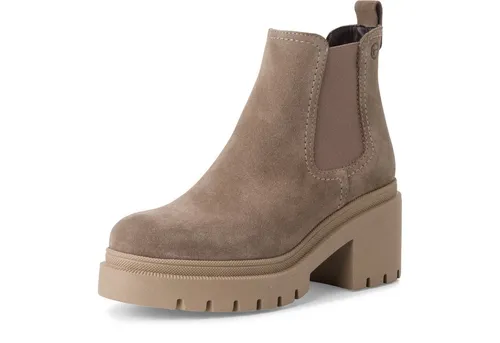 Tamaris Damen Chelsea Leder Blockabsatz - Bequeme Stiefelette in Taupe Suede, EU 40 - Wanderschuhe: Hochwertige Tamaris Chelsea Boots mit TOUCH-IT Technologie für maximalen Tragekomfort und stilvolles Design, ideal für jeden Anlass.