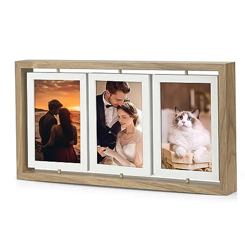 Bilderrahmen 10x15 360° drehbar, Holz-Fotorahmen für 6 Fotos mit Acrylglasschutz, Geschenk für Geburtstag, Hochzeit, Weihnachten