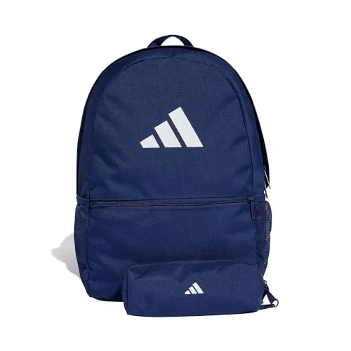 adidas Unisex Rucksack mit Federmäppchen, dunkelblau/weiß, Einheitsgröße - Vielseitiger Rucksack mit 23,25 l Volumen, praktischer Reißverschlusstasche und separatem Federmäppchen. Ideal für Schule und Freizeit, aus 100 % recyceltem Polyester.