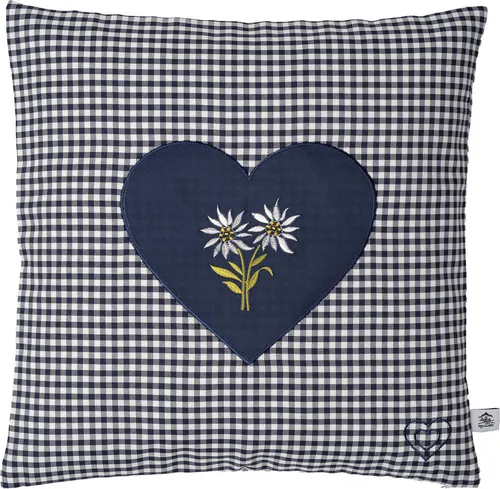Zirbenkissen bestickt mit  Herz und Edelweiss  blau karriert Größe 40x40 Zirbens