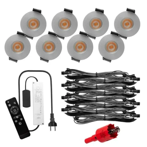 S-Polytec PREMIUM Mini LED- Einbauspots Warmweiss 3.000K, DIMMBAR, IP65, FUNK 3W Einbaustrahler Terrassenüberdachung, Bad, Sauna mit Fernbedienung (SILBER, 8x LED-SET)