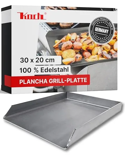 KOCH #47 PLANCHA 30 x 20 x 4cm - Grillpfanne Grillplatte Burgerpfanne Steakplatte Teppanyaki – Hochwertig + Massiv Edelstahl V2A Stärke 4mm 2,7KG – für Grill oder Ofen made in Germany