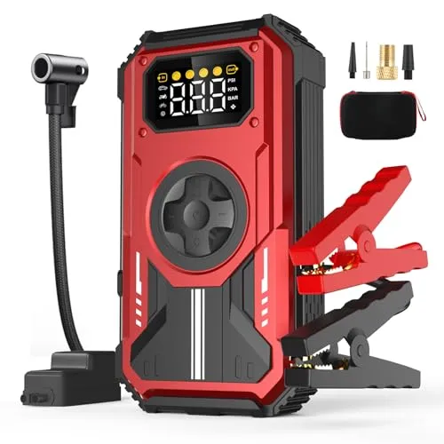 Eigotrav 7-in-1 Starthilfe Powerbank für PKW, 6000A Booster Auto Starthilfe (Bis zu 7.5L Benzin, 6L Diesel), 12V Jump Starter mit 150 PSI Kompressor, LED Taschenlampe, LCD Display, Rot