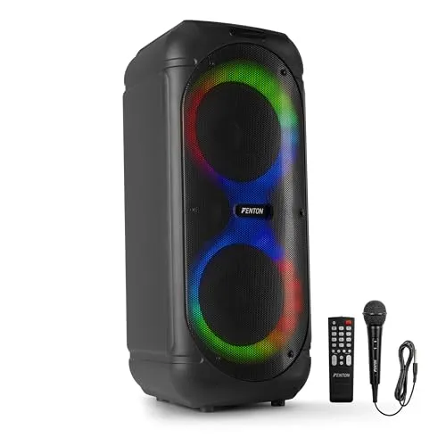 Fenton Track510 Musikbox Bluetooth Groß mit LED 160W, 10 Std Akku, 2 Mikrofone, Fernbedienung, Partybox Bluetooth Box Groß, Stereo-Pairing, Tragbare Musik Box mit Mikrofon, Boom Box - Schwarz