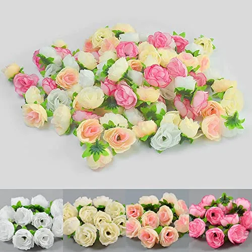 DOUSELLA 100 Stück Künstliche Blumenköpfe Kunstblumen Blütenköpfe Rosen Köpfe Rosen Kunstblumen Gefälschte RosenKöpfe Kunstrose Künstliche Rosen Deko für Hochzeit DIY Party Deko, 4 Farben