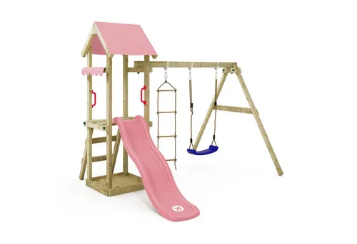 Wickey Spielturm TinyCabin - Klettergerüst mit Schaukel & Rutsche für Kleinkinder - Schaukeln im Garten mit 10 Jahren Garantie! Der TinyCabin Spielturm aus kesseldruckimprägniertem Holz bietet eine Wellenrutsche, Schaukel und Sandkasten – ideal für Abenteuer und Spielspaß!
