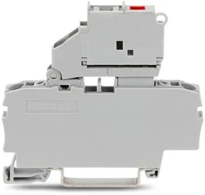 Wago 2002-1611/1000-541 2-Leiter-Sicherungsklemme, mit schwenkbarem Sicherungshalter, mit Abschlussplatte, für G-Sicherungseinsatz 5 x 20 mm, mit Defektanzeige durch LED, 12 - 30 V, für Tragschiene 35 x 15 und 35 x 7,5, Push-in CAGE CLAMP, 2,50 mm², grau
