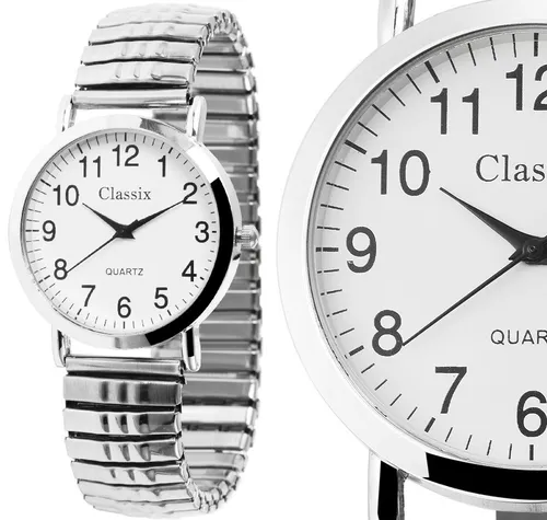 Damenuhr Herrenuhr Armbanduhr Weiss Silber Zugband Zugarmband Stretch CLASSIX
