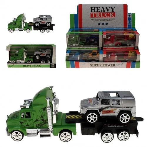 3er Set: Spielzeugtruck | 3x LKWs mit Geländewagen | Krahnwagen | Planierwagen