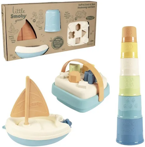 Smoby Little Green Segelboot & Magic Tower Steckspiel - Lernspielzeug aus 90% Biokunststoff, fördert Geschicklichkeit und Motorik beim Spielen in Badewanne oder Sandkasten. Umweltfreundlich und recycelbar!