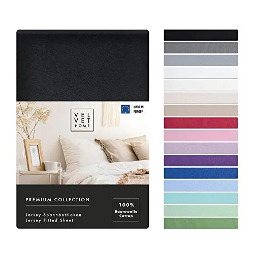 VelvetHome Spannbettlaken 180x200cm 100% gekämmte Baumwolle Made in EU Jersey Bettlaken 180x200 bis 25 cm Matratzenhöhe Spannbetttuch 180x200 Premium Qualität Schönen Farben Schwarz 180 x 200