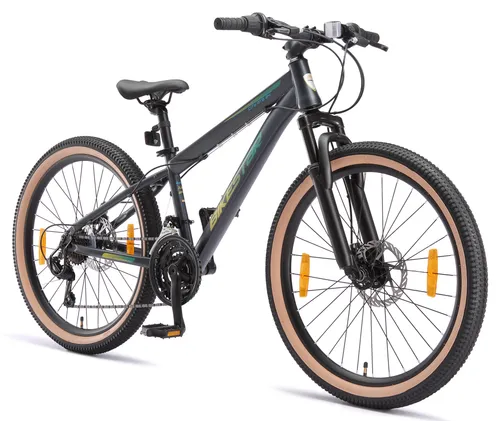BIKESTAR Kinder Jugend Mountainbike 24 Zoll - 21 Gang Hardtail MTB mit Scheibenbremse - Kinderfahrrad für Jungen und Mädchen ab 8 Jahren, ideal für Stadt und Gelände. Robuster Stahlrahmen und 21 Gang Shimano Schaltung bieten Sicherheit und Komfort auf jeder Tour.