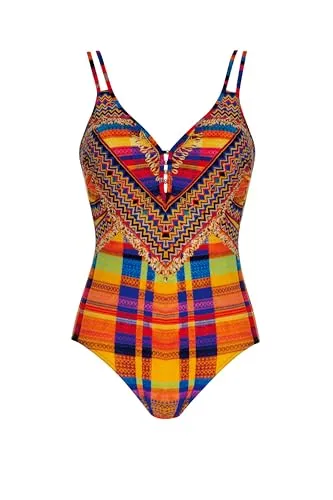 Sunflair Badeanzug Karomuster Regenbogenfarben V-Ausschnitt Einteiler verstellbare Träger Blickdicht
