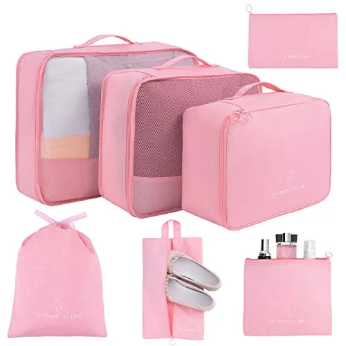 Koffer Organizer 7 Set,Packing Cubes Gepäck Packwürfel Organizer mit Schuhbeutel und Kulturbeutel (Pink)