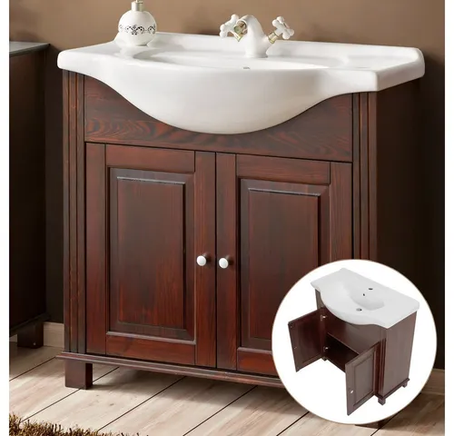 Lomadox Waschtischunterschrank 85 cm mit Keramik-Waschbecken - Waschplätze im Landhausstil, aus robustem Pinienmassivholz mit großzügigem Stauraum und hochwertiger Verarbeitung für ein stilvolles Badezimmer.