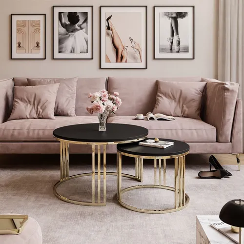 Runder 2in1 Couchtisch LORI in goldenen Chrom mit mattem Schwarz