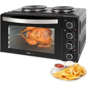 Clatronic® Mini-Backofen KK 3786 | 28L mit Kochplatten und Drehspieß - Minibackofen mit 28L Volumen, Umluft und Ober-/Unterhitze, ideal zum gleichzeitigen Kochen und Backen. Inklusive Drehspieß für knusprige Grillgerichte und zwei leistungsstarke Kochplatten.