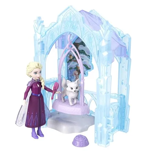 Mattel Disney Die Eiskönigin kleine ELSA-Puppe und winterliches Tierspielset mit Fuchs- und Vogelfigur, Rutsche und Zubehörteile, Storytime Stackers Eisiger Tierunterschlupf, JFG29