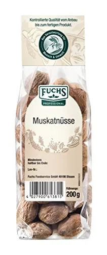Fuchs Professional - Muskatnuss ganz | Ungemahlene Muskatnüsse | Zum Würzen von Kartoffelgerichten | 200 g im Beutel