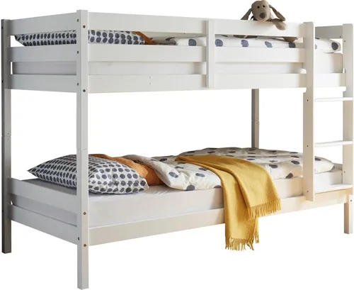 Etagenbett Moritz - Weiß, Kiefer teilmassiv, 2x Rollrost, 97x140x207cm - Jugendbett aus hochwertigem Kiefernholz, flexibel nutzbar als Doppelhochbett oder zwei Einzelbetten. Ideal für kleine Räume und bietet hohen Schlafkomfort.