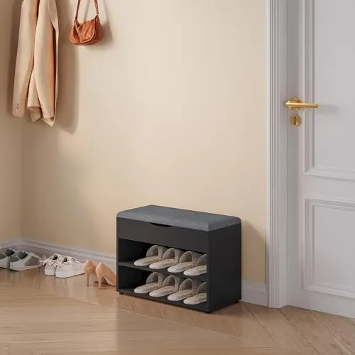 [en.casa] Schuhbank Gentofte 60x30x46cm - Sitzbank und Schuhschrank in einem, bietet Platz für 4 Paar Schuhe und eine bequeme Sitzmöglichkeit zum An- und Ausziehen. Elegantes Design in Schwarz/Grau, ideal für Flur oder Eingangsbereich.