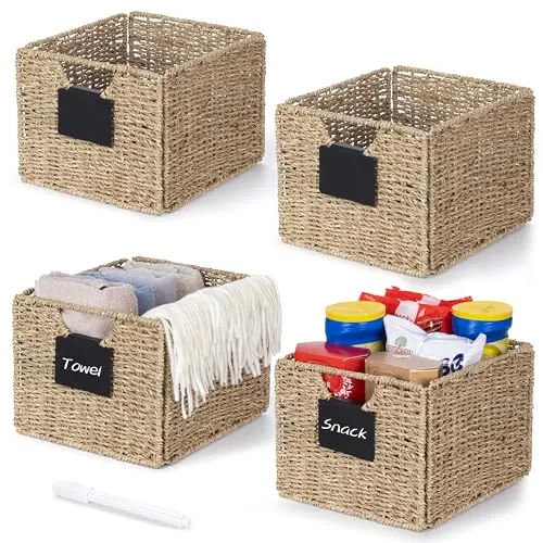 4er-Set Seegras Rechteckig Aufbewahrungskorb, Faltkorb Flechtkorb, Regalbox Storage Box, Natürliche Korb Geflochten, Regalkorb, Weidenkörbe Veranstalter für Badezimmer, Wohnzimmer 26.5 x 24 x 19cm