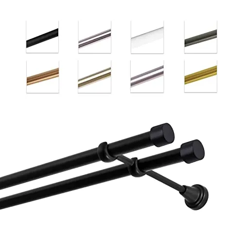 MDEKOR Gardinenstange 120 cm doppelläufig | Vorhangstange in Schwarz aus Metall - Einzelfensterstangen mit kostenfreier Kürzung und vielseitiger Verwendung für Vorhänge, ideal für Wohnzimmer, Schlafzimmer und Raumteiler.