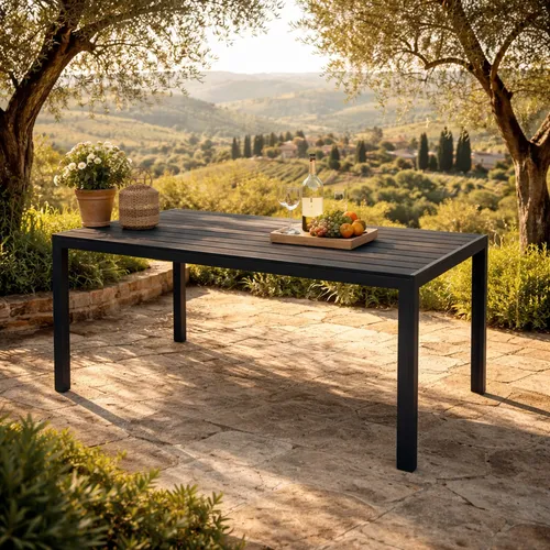 Mojawo Non-Wood Gartentisch Esstisch Aluminium anthrazit/schwarz - Gartentisch aus wetterfestem Aluminium mit eleganter WPC Holzimitatplatte, ideal für kleine bis mittelgroße Außenbereiche. Pflegeleicht und modern, perfekt für entspannte Stunden im Freien.