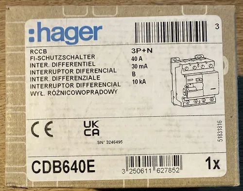 Produktbild Hager CDB640E Fehlerstromschutzschalter 4-polig 40A 30mA Typ B