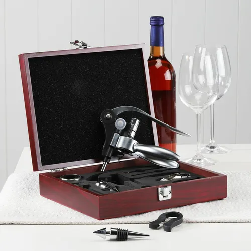 Gravidus Flaschenöffner 10tlg. Wein Set - Sommelier-Set in eleganter Holzbox, 10-teilig mit Edelstahl-Zubehör für perfekten Weingenuss, inkl. Eingießhilfe und Folienschneider.
