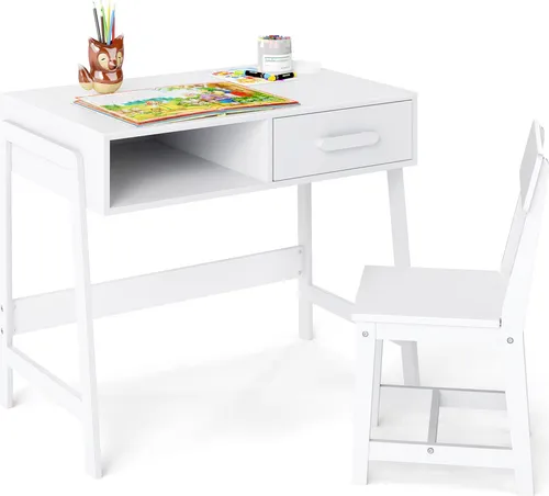 GOPLUS Kinderschreibtisch Set mit Stuhl & Schublade – Ergonomische Kindersitzgruppe - Praktisches Kinderschreibtisch-Set mit ergonomischem Stuhl, ideal für kreative Aktivitäten. Die große Tischplatte und die ausziehbare Schublade bieten ausreichend Stauraum für Spielzeug und Schulsachen. Perfekt für Kinder ab 3 Jahren.