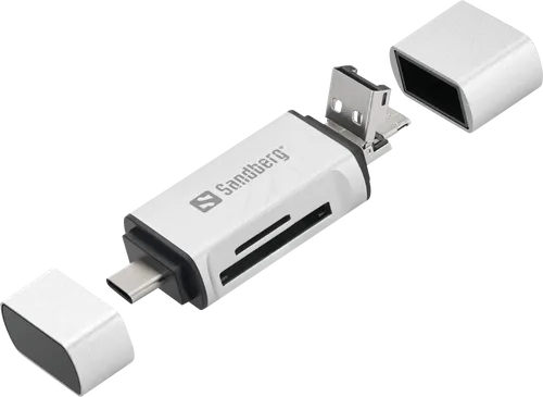 Sandberg 136-28 Card Reader USB-C+USB+MicroUSB - Vielseitiger Kartenleser für MicroSD und SD, ideal für schnelle Datenübertragungen und kompatibel mit verschiedenen Geräten.