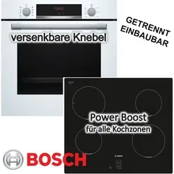 BOSCH Herdset: Backofen weiß mit Induktionskochfeld 60 cm - Herdset mit BOSCH Backofen und Induktionskochfeld 60 cm. Perfekte Backergebnisse durch 3D-Heißluft und schnelle Reinigung dank Hydrolyse. Sicherheit durch Kindersicherung und Topferkennung.