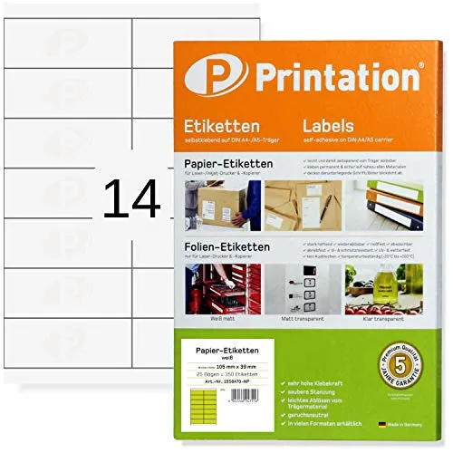 Printation Universal Etiketten 105 x 39 mm weiß - 350 Etiketten zum bedrucken 105x39 - Etiketten selbstklebend bedruckbar auf 25 DIN A4 Bogen á 2x7-14 Labels/Sticker pro A4 Bogen - 4654 DP143 LA155