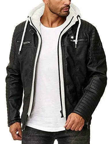 Redbridge Robuste Lederjacke Kunstleder Bikerjacke mit abnehmbarer Kapuze Schwarz-Ecrumelange 4XL
