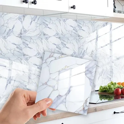 WALPLUS Klebefliesen Bad Glänzend Fliesen Folie 15x15cm Abnehmbar Küchenfliesen Selbstklebend Einfach Peel and Stick Tiles Modern Weiß Marmor Fliesenfolie Bad Küche Renovierung 24 Stück