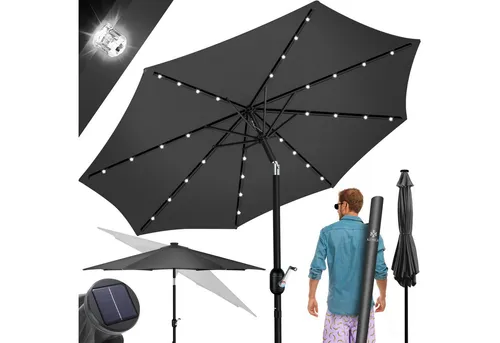 KESSER® Sonnenschirm Rund LED Solar mit Kurbel - Sonnenschirm mit 265 cm Durchmesser, knickbar für optimalen Schatten, integrierte LEDs für stimmungsvolle Abende, UV-Schutz +50 und praktische Handkurbel für einfachen Auf- und Abbau.
