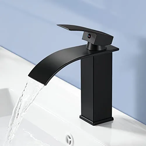 kisimixer Wasserhahn Bad Schwarz Wasserfall, Waschtischarmatur Bad Schwarz, Badarmatur Einhand Waschtischbatterie mit Auslauf Höhe 115mm, Mischbatterie Waschbecken Schwarz Matt