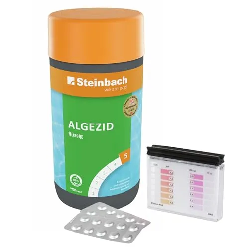 Steinbach | Poolpflege Test-Set | Algezid 1l & Testkit für pH-Wert/Chlor | ideal zur Wasserkontrolle von pH-Wert und freiem Chlor | Poolwasser sauber & kristallklar